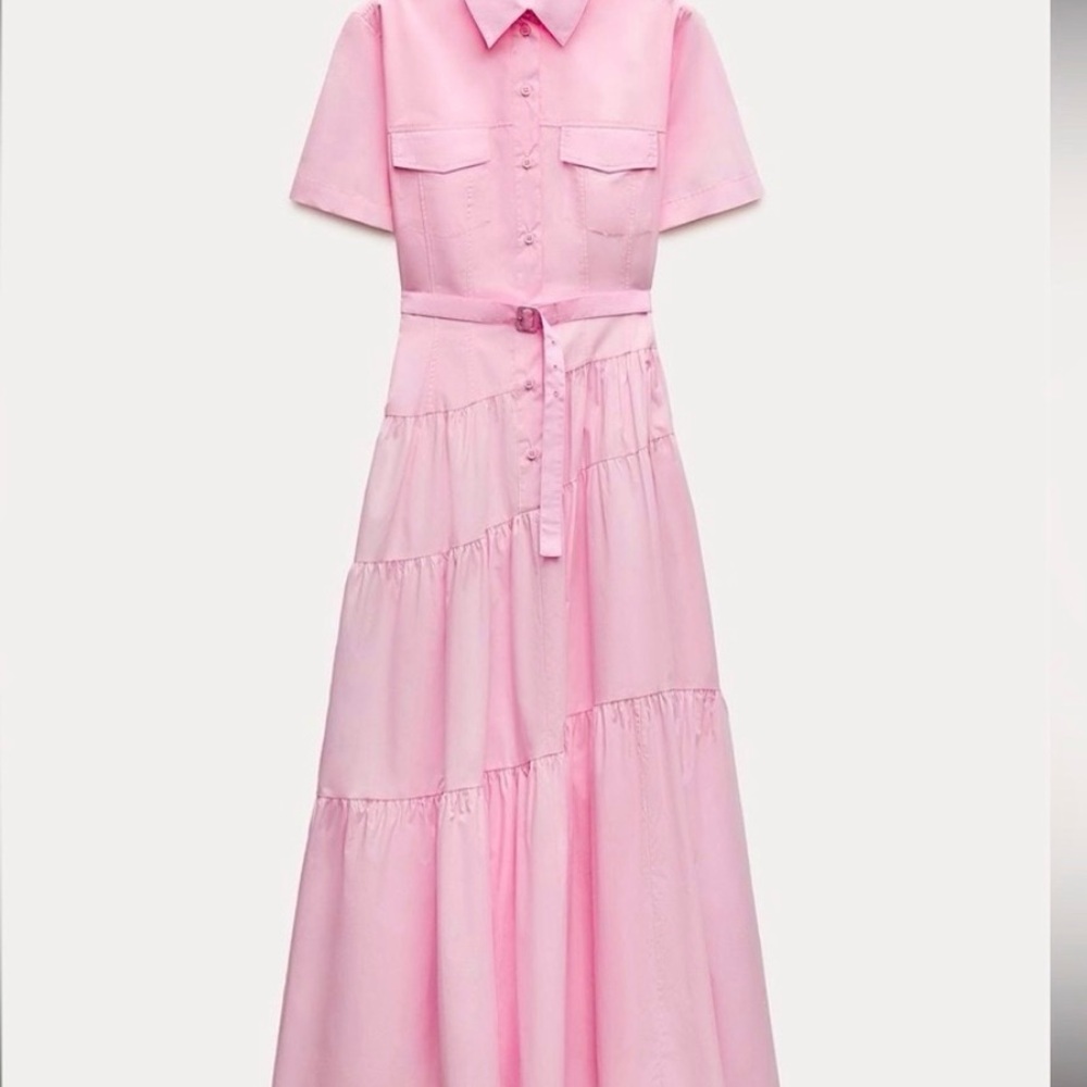 ZARA WOMAN MIDI BELTED ZW COLLECTION POPLIN SHIRT DRESS LIGHT PINK. Sz XXL